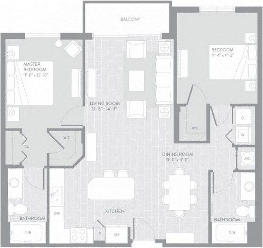 Floor plan for 2 beds, 2 baths, 1123 sqft